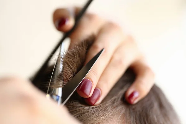 Mani femminili taglio capelli castani con le forbici — Foto Stock