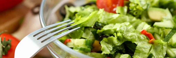 Срібна виделка в тарілці змішує салат зі свіжими овочами — стокове фото