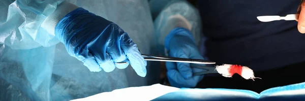 Surgeon in uniform holds blood-soaked swab forceps — Stockfoto