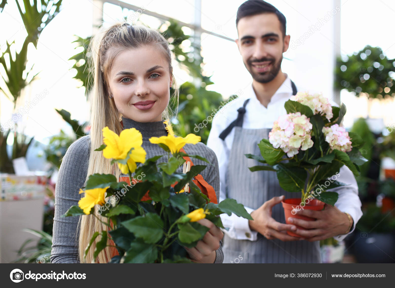 Flower shop owners holding beautiful flowering houseplants — Stock
