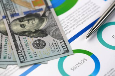 Mali raporda gümüş kalem ve dolar banknotları