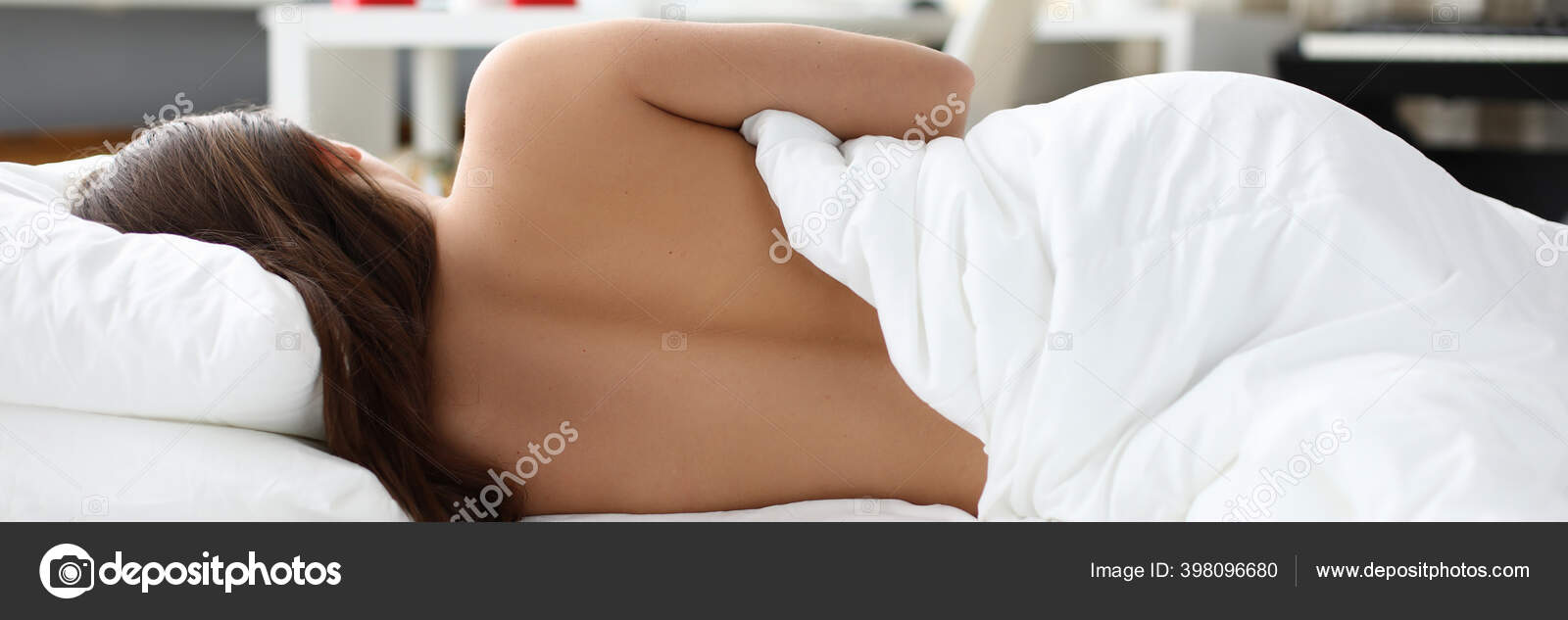 Naked girl sleeps at home under white blanket Stock Photo by ©marketing.lasers@ya.ru 398096680 photo