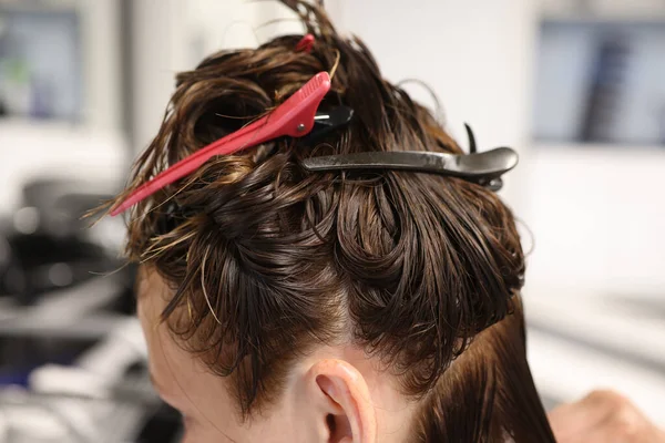 Donna capelli bagnati con diverse forcine primo piano — Foto Stock