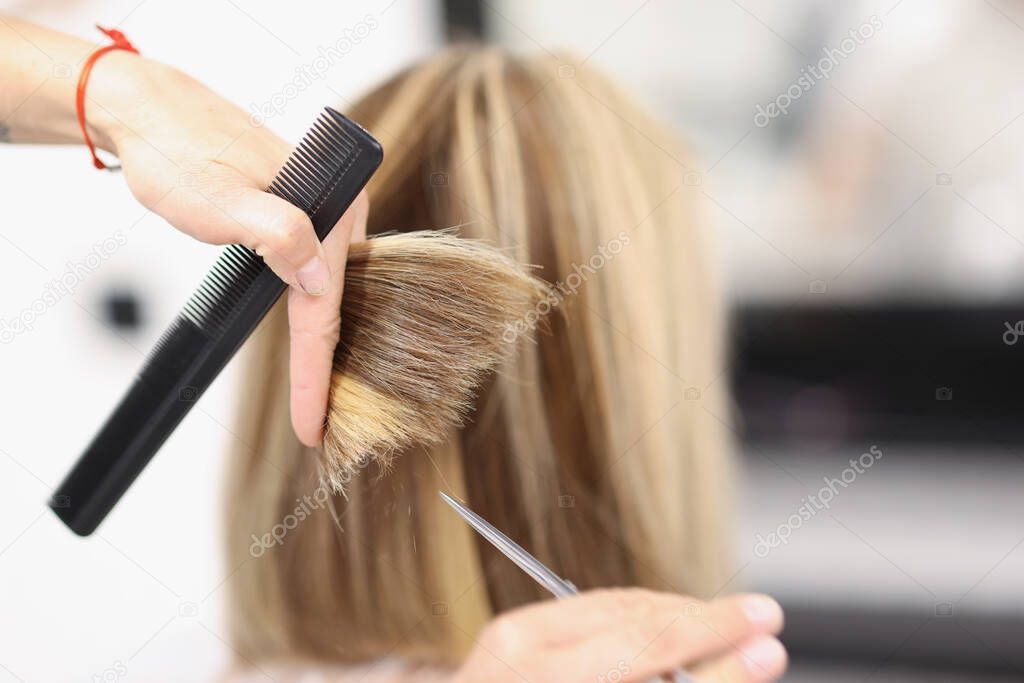 Hairdresser holds scissors and comb in his hand and cuts the ends of hair