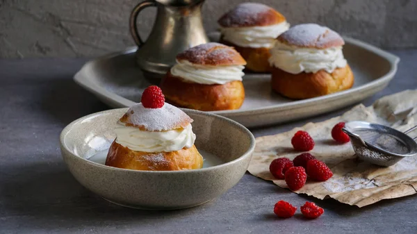 Semla or semlor, vastlakukkel, laskiaispulla is a traditional sweet roll made in various forms in Sweden, Finland, Estonia, Norway, Denmark, especially Shrove Monday and Shrove Tuesday