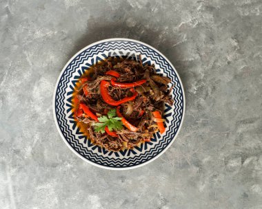 Latin Amerika yemekleri. Ropa Vieja kızarmış plantains ve pirinç ile. carne desmechada, carne desmenuzada, Şili, Kolombiya, Kosta Rika, Küba, İspanya, Honduras, Meksika carne mechada tipical gıda