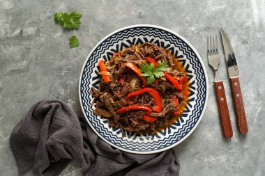 Latin Amerika yemekleri. Ropa Vieja kızarmış plantains ve pirinç ile. carne desmechada, carne desmenuzada, Şili, Kolombiya, Kosta Rika, Küba, İspanya, Honduras, Meksika carne mechada tipical gıda