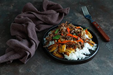 Latin Amerika yemekleri. Ropa Vieja kızarmış plantains ve pirinç ile. carne desmechada, carne desmenuzada, Şili, Kolombiya, Kosta Rika, Küba, İspanya, Honduras, Meksika carne mechada tipical gıda
