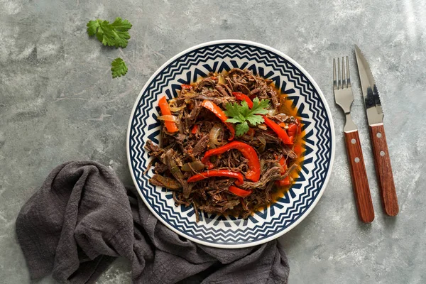 Latin Amerika yemekleri. Ropa Vieja kızarmış plantains ve pirinç ile. carne desmechada, carne desmenuzada, Şili, Kolombiya, Kosta Rika, Küba, İspanya, Honduras, Meksika carne mechada tipical gıda