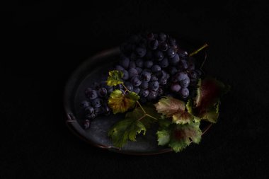 Düşük ışıkta su damlaları, kırmızı şarap, fotokopi alanı olan koyu renkli fotoğraf.