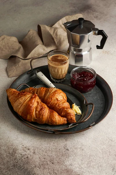 Croissants Coffee Jam Tipical Cotinental Breakfast — Stock Photo, Image