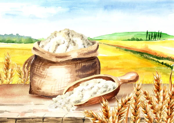 Sack with flour on the background of wheat field. Watercolor hand drawn illustration