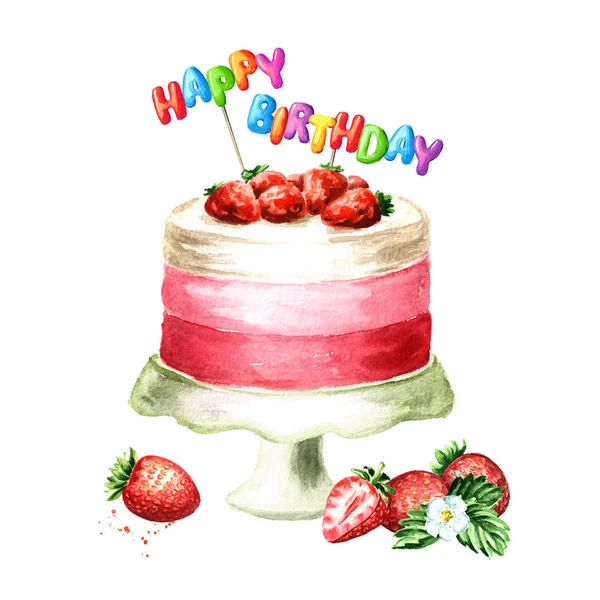 Cake with Happy Birthday lettering on a sticks. Watercolor hand drawn illustration isolated on white background