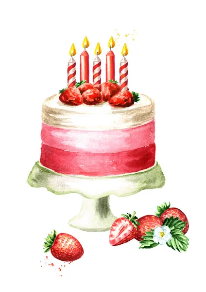 Birthday Cake with decorative candles. Watercolor hand drawn illustration, isolated on white background