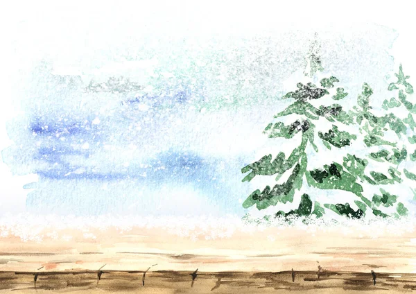 Winter background,  landscape with snowfall and empty table. Watercolor hand drawn illustration