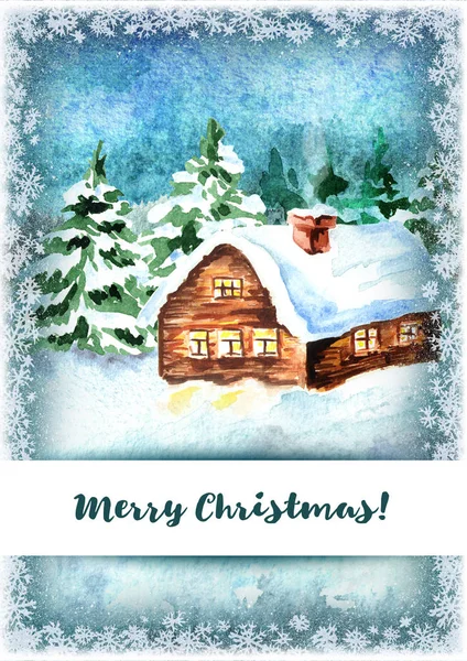 Winter  background,  Merry Christmas greeting card. Watercolor hand drawn vertical template