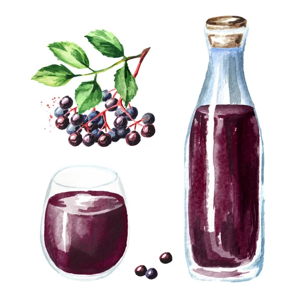 Elderberry syrup set with plant, bottle and drinking glass. Watercolor hand drawn illustration, isolated on white background