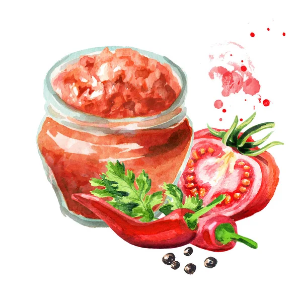Salsa sauce in the bottle with ingredients. Watercolor hand drawn illustration  isolated on white background