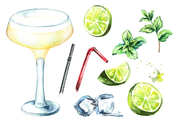 Alcohol cocktail Daiquiri with lime, mint and ice cubes set. Watercolor hand drawn illustration isolated on white background