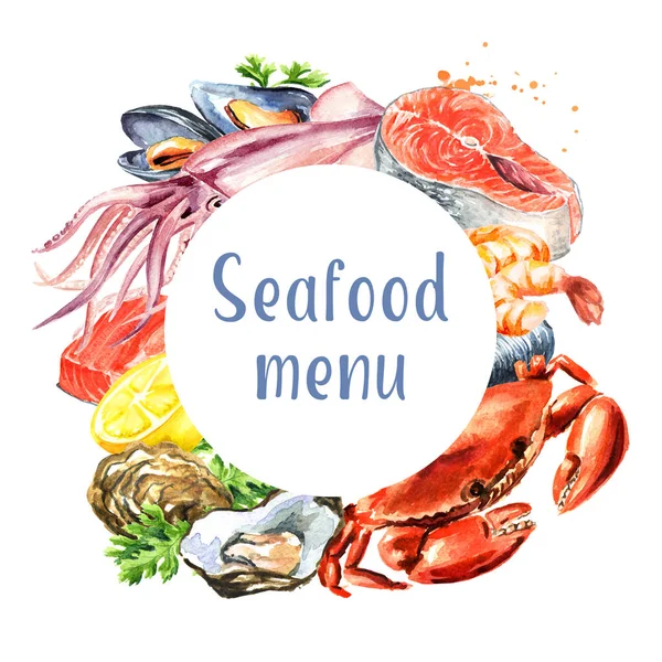 Seafood card, Watercolor hand drawn illustration, isolated on white background