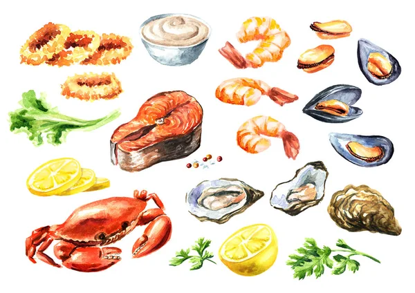 Cooked seafood set with salmon, squid, crab, mussels, oysters, shrimp, lemon and greens, Watercolor hand drawn illustration isolated on white background