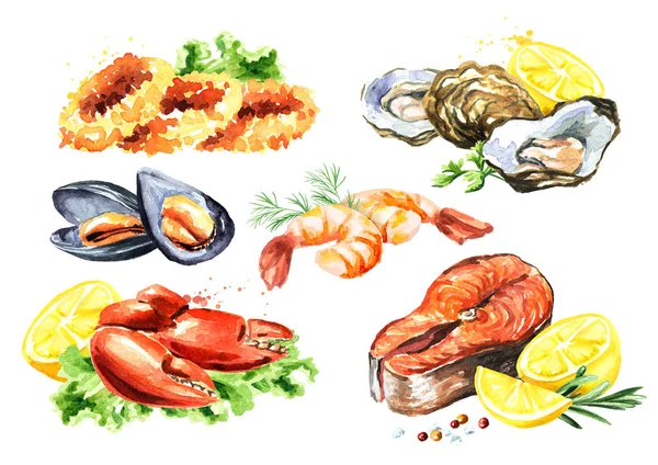 Cooked Seafood composition set with salmon, squid, crab, mussels, oysters, shrimp, lemon and greens, Watercolor hand drawn illustration isolated on white background