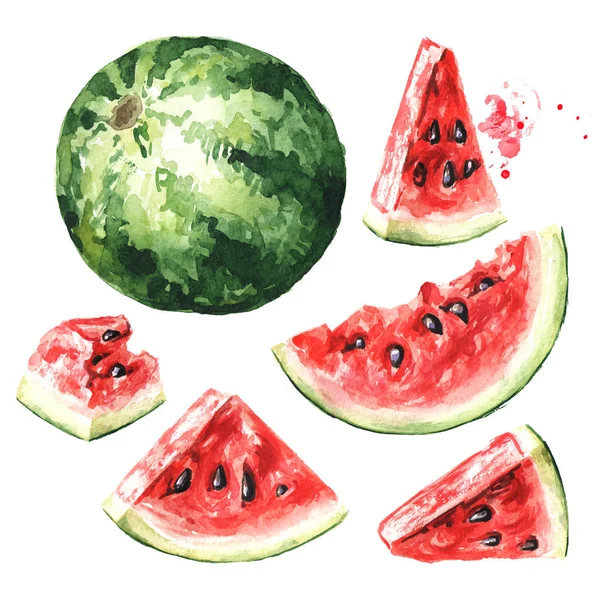 Ripe red watermelon set. Watercolor hand drawn illustration, isolated on white background
