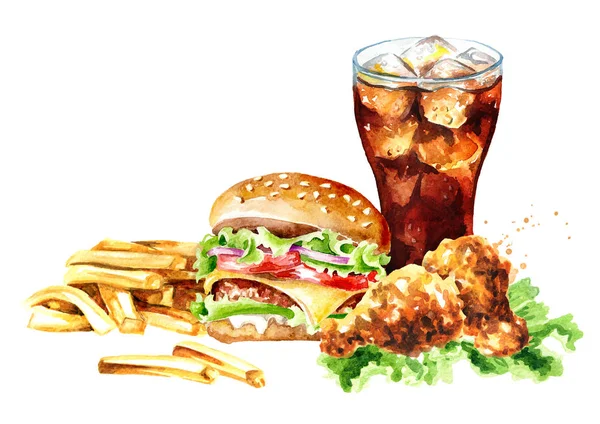 Hamburger, french fry stick potato, crispy fried chiken and glass of cola. Fast food concept. Watercolor hand drawn illustration, isolated on white background
