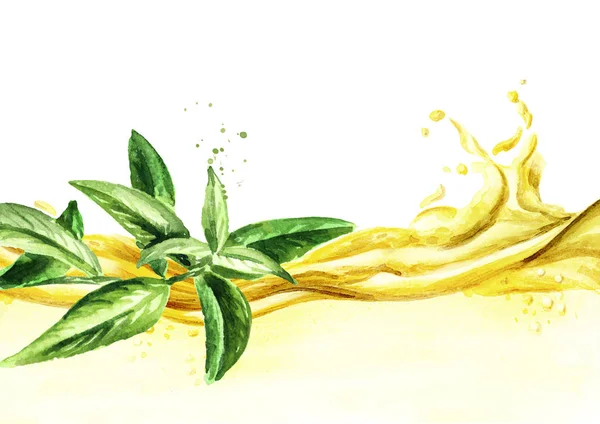 Lemon verbena essential oil wave. Watercolor hand drawn illustration, isolated on white background