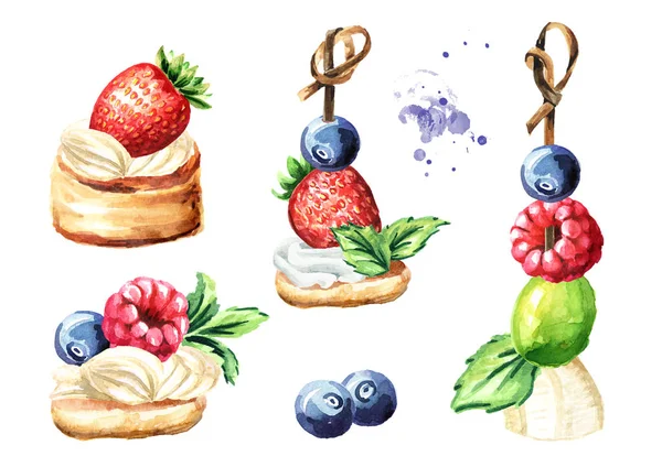 Festive food, Sweet Canape with fruits and berries set. Watercolor hand drawn illustration isolated on white background