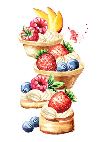 Festive food, sweet tarts with fruits and berries Watercolor hand drawn illustration isolated on white background