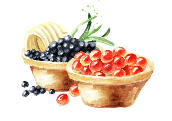 Tarts with red and black caviar. Watercolor hand drawn illustration isolated on white background