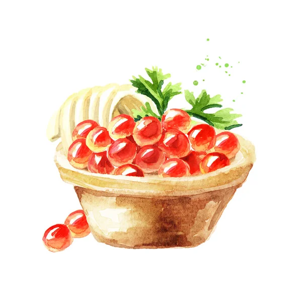 Tart with red caviar. Watercolor hand drawn illustration isolated on white background — Stock Image Tart Red Caviar Watercolor Hand Drawn Illustration Isolated White Background Stock Image