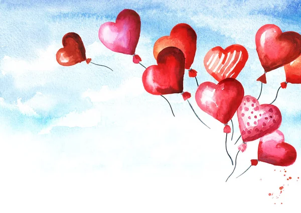 Saint Valentine greeting card with copy space for text. Love and romance. Valentines red heart balloons fly away in the sky. Watercolor hand drawn illustration