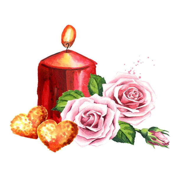 Love and romance. 2 Golden hearts, candle and rose flowers. Wedding concept. Watercolor hand drawn illustration, isolated on white background