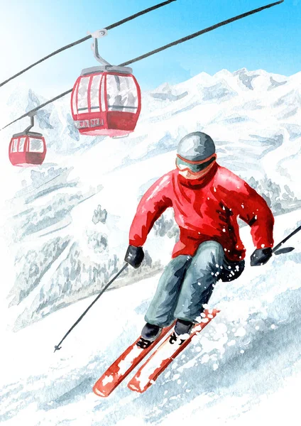 Skier against Cableway, funicular in the ski mountain resort, winter recreation and vacation concept. Hand drawn watercolor illustration