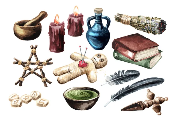 Big Witchcraft, Magic, occult and esoteric elements set. Hand drawn watercolor illustration, isolated on white background