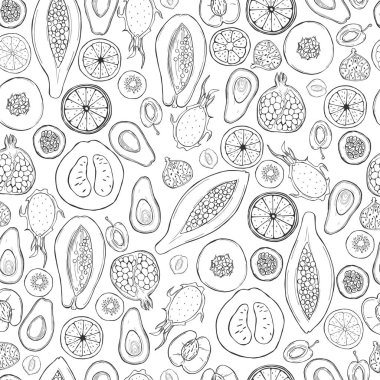 Beyaz arka planda elle çizilmiş meyveler. Vektörsüz desen.