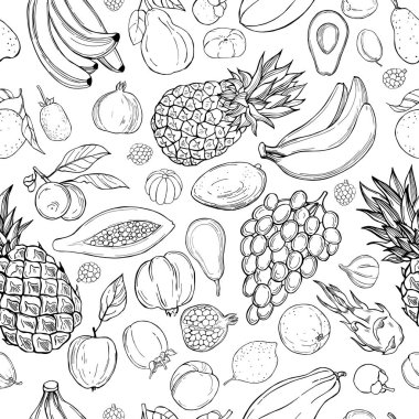 Beyaz arka planda elle çizilmiş meyveler. Vektörsüz desen.
