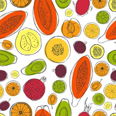 Beyaz arka planda elle çizilmiş meyveler. Vektörsüz desen.