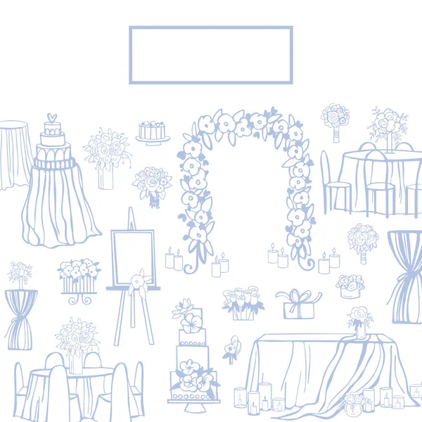 Bruiloft bloemen, cake, decoratie voor stoelen, bruids boeket. — Stockvector