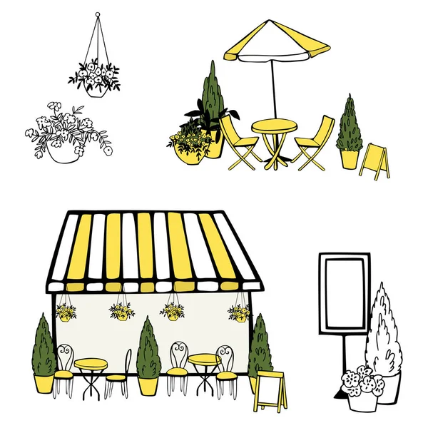 Café de rue. Parapluies. Des plantes. Illustration de croquis vectoriels . — Image vectorielle