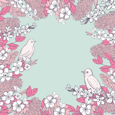 Elle çizilmiş kuşlar ve çiçekler ile Bahar arka plan
