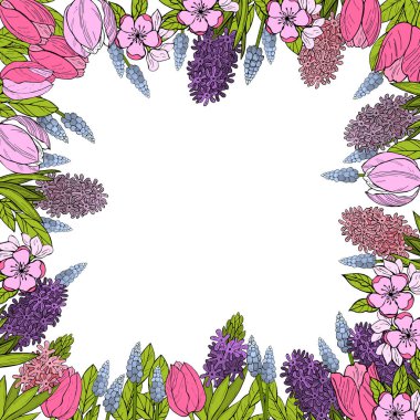 Elle çizilmiş çiçeklerile bahar arka plan. 