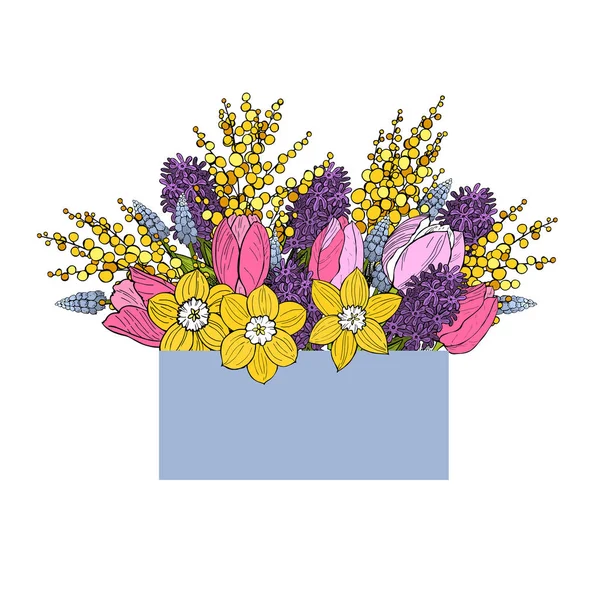 Box  with  spring  flowers. Tulips and hyacinths.
