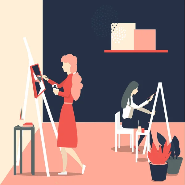 Women are painting on easel. — Stock Vector