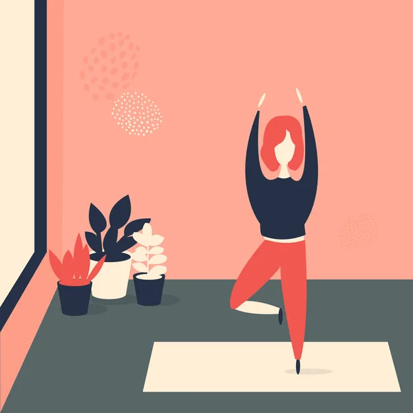 Flicka Som Gör Yoga Pose Yoga För Kvinnor Inomhus Vektorillustration — Stock vektor