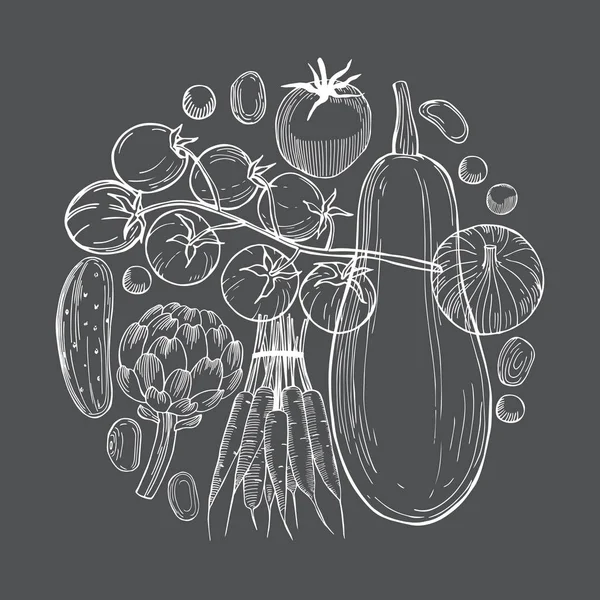Ручной рисунок овощей в круге на темном фоне . — стоковый вектор