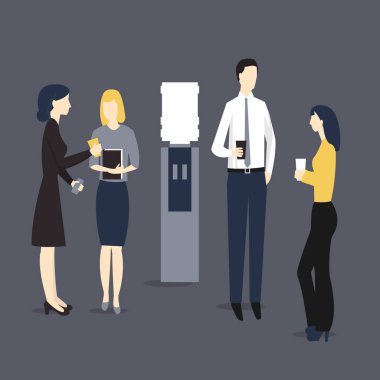 Ofisteki insanlar su soğutucusunda içiyorlar. Vektör illüstrasyonu