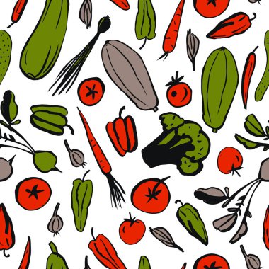 Beyaz arka planda elle çizilmiş sebzeler.